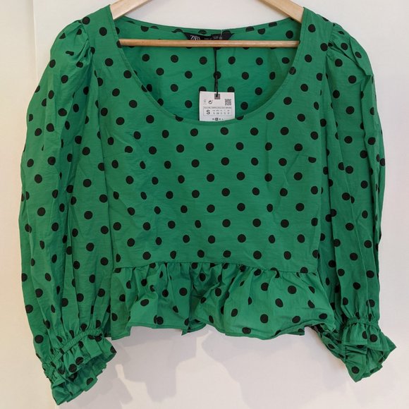 Zara Tops - Zara  – Green/Black Polka Dot * Peblum Puff Sleeve Top * Size S * NWT